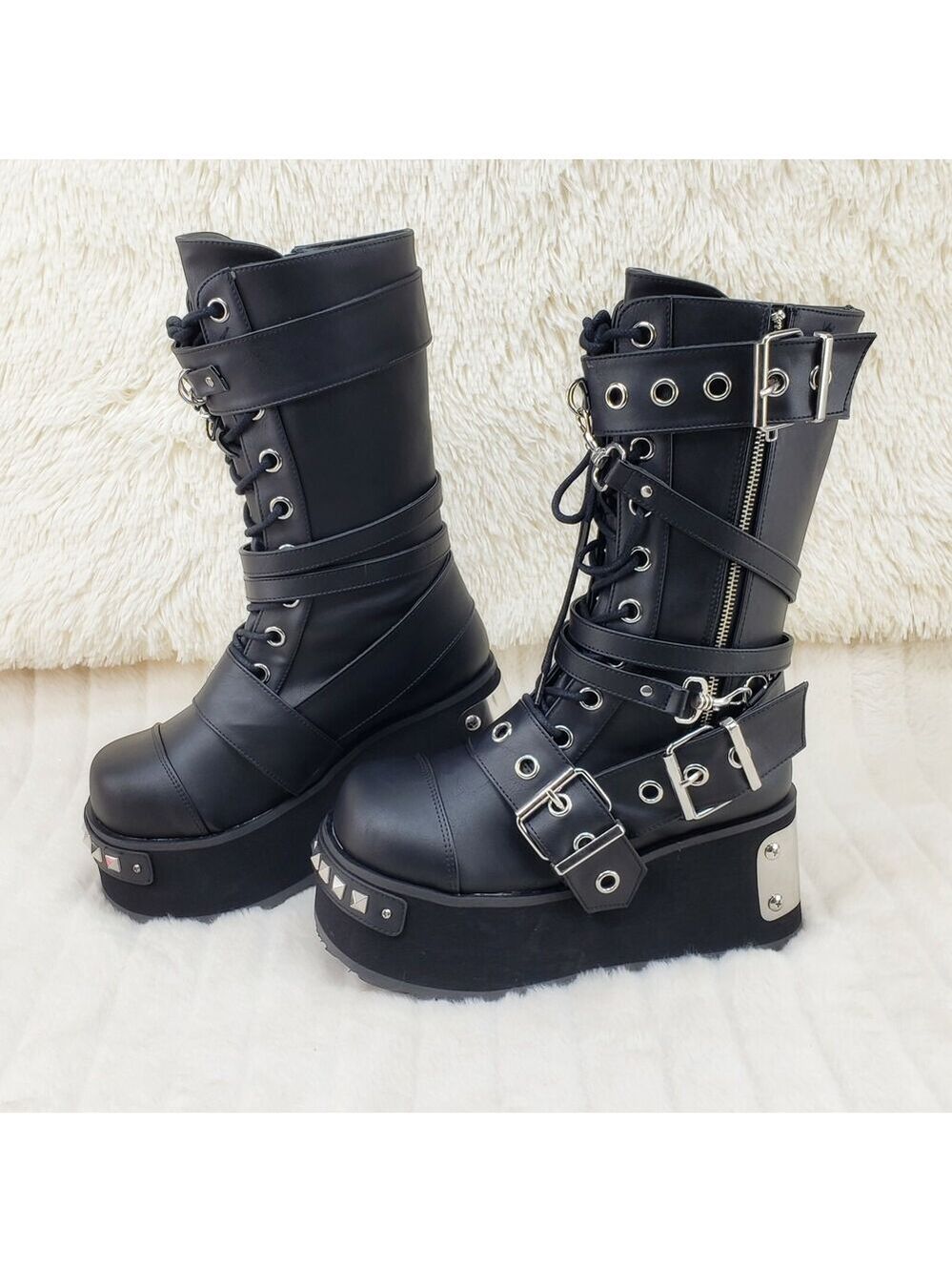 NIB DEMONIA Trashville 250 Multi Strap Goth Punk Rock 3.25" Platform Boot Black